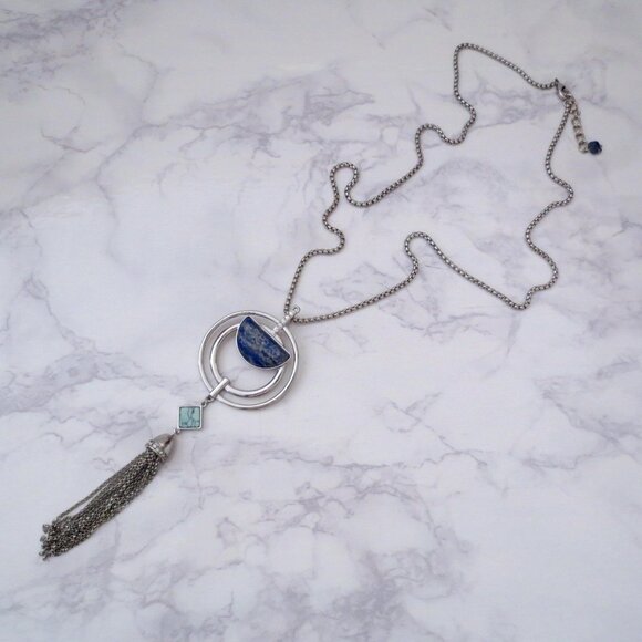 Long Bohemian Artistic SIlver and Blue Long Tassel Necklace with Blue Stones - Picture 5 of 6